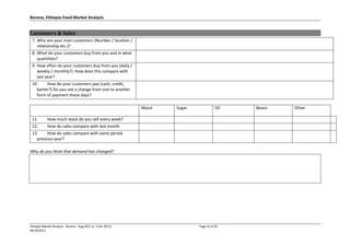 Borena, Ethiopia Food Market Analysis
Ethiopia Market Analysis - Borena - Aug 2011 (v. 5 Oct 2011) Page 22 of 25
06/10/2011
Customers & Sales
7. Who are your main customers (Number / location /
relationship etc.)?
8. What do your customers buy from you and in what
quantities?
9. How often do your customers buy from you (daily /
weekly / monthly?) How does this compare with
last year?
10. How do your customers pay (cash, credit,
barter?) Do you see a change from one to another
form of payment these days?
Maize Sugar Oil Beans Other
11. How much stock do you sell every week?
12. How do sales compare with last month
13. How do sales compare with same period
previous year?
Why do you think that demand has changed?
 