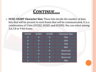 CONTINUE….
 UCSZ: USART Character Size: These bits decide the number of data
bits that will be present in each frame that will be communicated. It is a
combination of 3 bits (UCSZ2, UCSZ1 and UCSZ0). You can select among
5,6,7,8 or 9 bit frame.
UCSZ2 UCSZ1 UCSZ0 Character Size
0 0 0 5Bit
0 0 1 6Bit
0 1 0 7Bit
0 1 1 8Bit
1 0 0 Reserved
1 0 1 Reserved
1 1 0 Reserved
1 1 1 9Bit
 