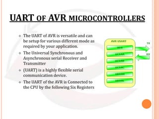 UART OF AVR MICROCONTROLLERS
 The UART of AVR is versatile and can
be setup for various different mode as
required by your application.
 The Universal Synchronous and
Asynchronous serial Receiver and
Transmitter
 (UART) is a highly flexible serial
communication device.
 The UART of the AVR is Connected to
the CPU by the following Six Registers
 