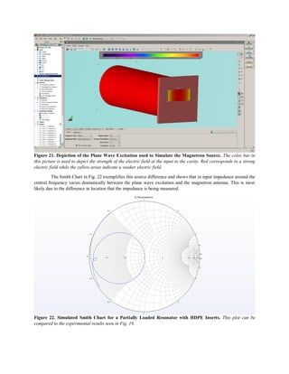 Figure 21. Depiction of the Plane Wave Excitation used to Simulate the Magnetron Source. The color bar in
this picture is used to depict the strength of the electric field at the input to the cavity. Red corresponds to a strong
electric field while the yellow areas indicate a weaker electric field.
The Smith Chart in Fig. 22 exemplifies this source difference and shows that in input impedance around the
central frequency varies dramatically between the plane wave excitation and the magnetron antenna. This is most
likely due to the difference in location that the impedance is being measured.
Figure 22. Simulated Smith Chart for a Partially Loaded Resonator with HDPE Inserts. This plot can be
compared to the experimental results seen in Fig. 19.
 
