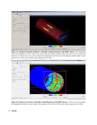 Figure 24. Simulated Magnetic Fields for a Partially Loaded Resonator with HDPE Inserts. The transparent
red sections display the outer walls of the cavity while the orange cylinders depict the screws used to fasten the
dielectric. Colored arrows are used to display the magnitude and direction of the Magnetic fields, higher values
appear red or yellow while weaker values appear green or blue.
Figure 25. Surface Currents for a Partially Loaded Resonator with HDPE Inserts. Colors are used to display
the magnitude of surface currents, higher values appear red or yellow while weaker values appear green or blue.
G. Results
 