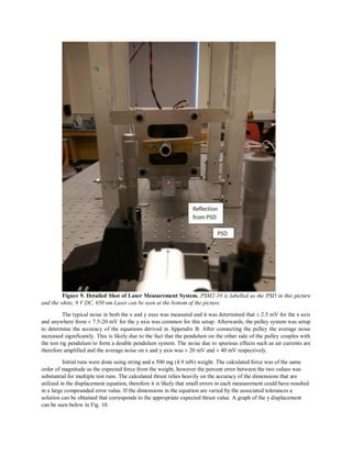Figure 9. Detailed Shot of Laser Measurement System. PSM2-10 is labelled as the PSD in this picture
and the white, 9 V DC, 650 nm Laser can be seen at the bottom of the picture.
The typical noise in both the x and y axes was measured and it was determined that ± 2.5 mV for the x axis
and anywhere from ± 7.5-20 mV for the y axis was common for this setup. Afterwards, the pulley system was setup
to determine the accuracy of the equations derived in Appendix B. After connecting the pulley the average noise
increased significantly. This is likely due to the fact that the pendulum on the other side of the pulley couples with
the test rig pendulum to form a double pendulum system. The noise due to spurious effects such as air currents are
therefore amplified and the average noise on x and y axis was ± 20 mV and ± 40 mV respectively.
Initial runs were done using string and a 500 mg (4.9 mN) weight. The calculated force was of the same
order of magnitude as the expected force from the weight, however the percent error between the two values was
substantial for multiple test runs. The calculated thrust relies heavily on the accuracy of the dimensions that are
utilized in the displacement equation, therefore it is likely that small errors in each measurement could have resulted
in a large compounded error value. If the dimensions in the equation are varied by the associated tolerances a
solution can be obtained that corresponds to the appropriate expected thrust value. A graph of the y displacement
can be seen below in Fig. 10.
 