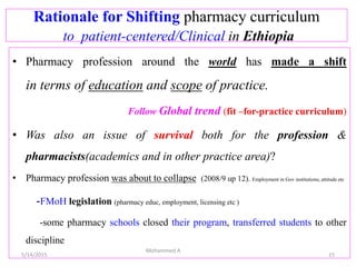 Rationale for Shifting pharmacy curriculum
to patient-centered/Clinical in Ethiopia
• Pharmacy profession around the world has made a shift
in terms of education and scope of practice.
Follow Global trend (fit –for-practice curriculum)
• Was also an issue of survival both for the profession &
pharmacists(academics and in other practice area)?
• Pharmacy profession was about to collapse (2008/9 up 12). Employment in Gov institutions, attitude etc
-FMoH legislation (pharmacy educ, employment, licensing etc )
-some pharmacy schools closed their program, transferred students to other
discipline
15
Mohammed A
5/14/2015
 