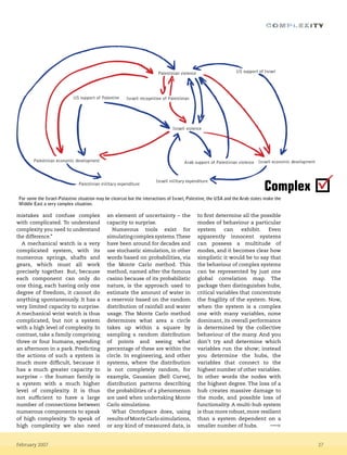 February 2007 27
mistakes and confuse complex
with complicated. To understand
complexity you need to understand
the difference.”
A mechanical watch is a very
complicated system, with its
numerous springs, shafts and
gears, which must all work
precisely together. But, because
each component can only do
one thing, each having only one
degree of freedom, it cannot do
anything spontaneously. It has a
very limited capacity to surprise.
A mechanical wrist watch is thus
complicated, but not a system
with a high level of complexity. In
contrast, take a family comprising
three or four humans, spending
an afternoon in a park. Predicting
the actions of such a system is
much more difficult, because it
has a much greater capacity to
surprise – the human family is
a system with a much higher
level of complexity. It is thus
not sufficient to have a large
number of connections between
numerous components to speak
of high complexity. To speak of
high complexity we also need
an element of uncertainty – the
capacity to surprise.
Numerous tools exist for
simulatingcomplexsystems.These
have been around for decades and
use stochastic simulation, in other
words based on probabilities, via
the Monte Carlo method. This
method, named after the famous
casino because of its probabilistic
nature, is the approach used to
estimate the amount of water in
a reservoir based on the random
distribution of rainfall and water
usage. The Monte Carlo method
determines what area a circle
takes up within a square by
sampling a random distribution
of points and seeing what
percentage of these are within the
circle. In engineering, and other
systems, where the distribution
is not completely random, for
example, Gaussian (Bell Curve),
distribution patterns describing
the probabilities of a phenomenon
are used when undertaking Monte
Carlo simulations.
What OntoSpace does, using
results of Monte Carlo simulations,
or any kind of measured data, is
to first determine all the possible
modes of behaviour a particular
system can exhibit. Even
apparently innocent systems
can possess a multitude of
modes, and it becomes clear how
simplistic it would be to say that
the behaviour of complex systems
can be represented by just one
global correlation map. The
package then distinguishes hubs,
critical variables that concentrate
the fragility of the system. Now,
when the system is a complex
one with many variables, none
dominant, its overall performance
is determined by the collective
behaviour of the many. And you
don’t try and determine which
variables run the show; instead
you determine the hubs, the
variables that connect to the
highest number of other variables.
In other words the nodes with
the highest degree. The loss of a
hub creates massive damage to
the mode, and possible loss of
functionality. A multi-hub system
is thus more robust, more resilient
than a system dependent on a
smaller number of hubs.
For some the Israel-Palastine situation may be clearcut but the interactions of Israel, Palestine, the USA and the Arab states make the
Middle East a very complex situation.
February 2007 27
Palestinian military expenditure
Palestinian economic development
US support of Palestine Israeli recognition of Palestinian
Israeli violence
Israeli military expenditure
Arab support of Palestinian violence Israeli economic development
Palestinian violence US support of Israel
Complex
------->
 
