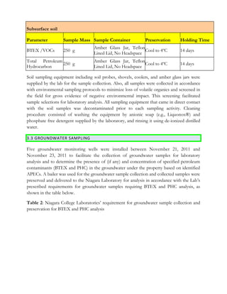 Subsurface soil
Parameter Sample Mass Sample Container Preservation Holding Time
BTEX /VOCs 250 g
Amber Glass Jar, Teflon
Lined Lid, No Headspace
Cool to 4ºC 14 days
Total Petroleum
Hydrocarbon
250 g
Amber Glass Jar, Teflon
Lined Lid, No Headspace
Cool to 4ºC 14 days
Soil sampling equipment including soil probes, shovels, coolers, and amber glass jars were
supplied by the lab for the sample collection. Also, all samples were collected in accordance
with environmental sampling protocols to minimize loss of volatile organics and screened in
the field for gross evidence of negative environmental impact. This screening facilitated
sample selections for laboratory analysis. All sampling equipment that came in direct contact
with the soil samples was decontaminated prior to each sampling activity. Cleaning
procedure consisted of washing the equipment by anionic soap (e.g., Liquonox®) and
phosphate free detergent supplied by the laboratory, and rinsing it using de-ionized distilled
water.
3.3 GROUNDWATER SAMPLING
Five groundwater monitoring wells were installed between November 21, 2011 and
November 23, 2011 to facilitate the collection of groundwater samples for laboratory
analysis and to determine the presence of (if any) and concentration of specified petroleum
contaminants (BTEX and PHC) in the groundwater under the property based on identified
APECs. A bailer was used for the groundwater sample collection and collected samples were
preserved and delivered to the Niagara Laboratory for analysis in accordance with the Lab’s
prescribed requirements for groundwater samples requiring BTEX and PHC analysis, as
shown in the table below.
Table 2: Niagara College Laboratories’ requirement for groundwater sample collection and
preservation for BTEX and PHC analysis
 