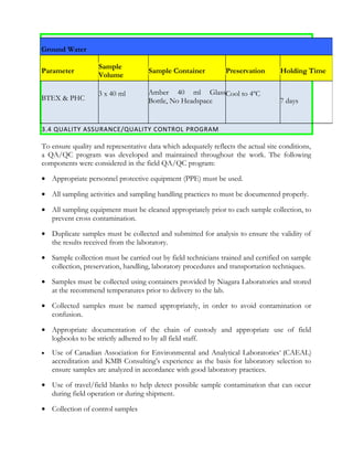 3.4 QUALITY ASSURANCE/QUALITY CONTROL PROGRAM
To ensure quality and representative data which adequately reflects the actual site conditions,
a QA/QC program was developed and maintained throughout the work. The following
components were considered in the field QA/QC program:
• Appropriate personnel protective equipment (PPE) must be used.
• All sampling activities and sampling handling practices to must be documented properly.
• All sampling equipment must be cleaned appropriately prior to each sample collection, to
prevent cross contamination.
• Duplicate samples must be collected and submitted for analysis to ensure the validity of
the results received from the laboratory.
• Sample collection must be carried out by field technicians trained and certified on sample
collection, preservation, handling, laboratory procedures and transportation techniques.
• Samples must be collected using containers provided by Niagara Laboratories and stored
at the recommend temperatures prior to delivery to the lab.
• Collected samples must be named appropriately, in order to avoid contamination or
confusion.
• Appropriate documentation of the chain of custody and appropriate use of field
logbooks to be strictly adhered to by all field staff.
• Use of Canadian Association for Environmental and Analytical Laboratories’ (CAEAL)
accreditation and KMB Consulting’s experience as the basis for laboratory selection to
ensure samples are analyzed in accordance with good laboratory practices.
• Use of travel/field blanks to help detect possible sample contamination that can occur
during field operation or during shipment.
• Collection of control samples
Ground Water
Parameter
Sample
Volume
Sample Container Preservation Holding Time
BTEX & PHC
3 x 40 ml Amber 40 ml Glass
Bottle, No Headspace
Cool to 4ºC
7 days
 