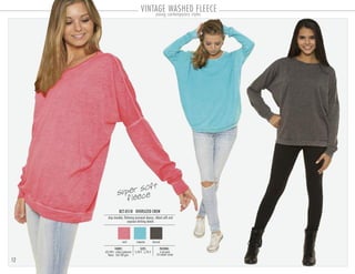 12
VINTAGE WASHED FLEECE
super soft
fleece
coral turquoise charcoal
BCT-0518 OVERSIZED CREW
drop shoulder, flattering narrowed sleeves, ribbed cuffs and
exposed stitching details
PACKING:SIZES:FABRIC:
6 pre-pack
24 master carton
S/M-3 . L/XL-360/40% cotton/polyester
fleece 160-180 gsm
young contemporary styles
 