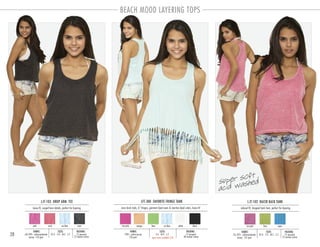 28
BEACH MOOD LAYERING TOPS
LJT-103 DROP ARM TEE
PACKING:FABRIC:
12 pre-pack
72 master carton
60/40% cotton-polyester
jersey 120 gsm
loose fit, serged hem details, perfect for layering
SIZES:
XS-3 . S-4 . M-3 . L-2
LJT-102 RACER BACK TANK
PACKING:FABRIC:
12 pre-pack
72 master carton
55/45% cotton-polyester
jersey 125 gsm
relaxed fit, dropped back hem, perfect for layering
SIZES:
XS-4 . S-4 . M-2 . L-2
pink coral ice blue onyx
LFT-300 FAVORITE FRINGE TANK
PACKING:FABRIC:
12 pre-pack
48 master carton
100% cotton jersey
150 gsm
racer back style, 6” fringes, garment dyed neon & reactive dyed colors, loose fit
SIZES:
S-6 . M-4 . L-2
open sizes available S-XL
lime ice blue white blackorangehot pink hot pink lime aqua
super soft
acid washed
 