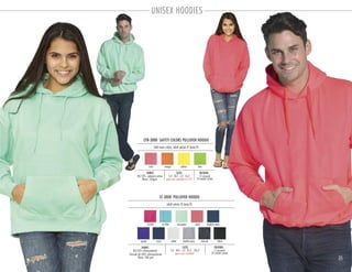 UNISEX HOODIES
CFN-3000 SAFETY COLORS PULLOVER HOODIE
PACKING:FABRIC:
12 pre-pack
24 master carton
80/20% polyester-cotton
fleece 260gsm
bold neon colors, adult unisex & loose fit
SIZES:
S-4 . M-3 . L-3 . XL-2
open size available in S-2X
coral orange yellow lime
CF-3000 PULLOVER HOODIE
PACKING:FABRIC:
12 pre-pack
24 master carton
80/20% cotton-polyester
charcoal 60/40% cotton-polyester
fleece 280 gsm
adult unisex & loose fit
SIZES:
S-2 . M-3 . L-3 . XL-2 . 2XL-2
open sizes available
navy white heather grey charcoal
ice blue
purple
fucshia
black
sea green coral heather navy
35
 