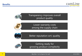 45 Big Data – Is it a hype or for real? 22.12.2015
Benefits
Transparency improves overall
product quality
Lower warranty costs
among the supply chain
Better reputation wrt. quality
Getting ready for
growing product complexity
 