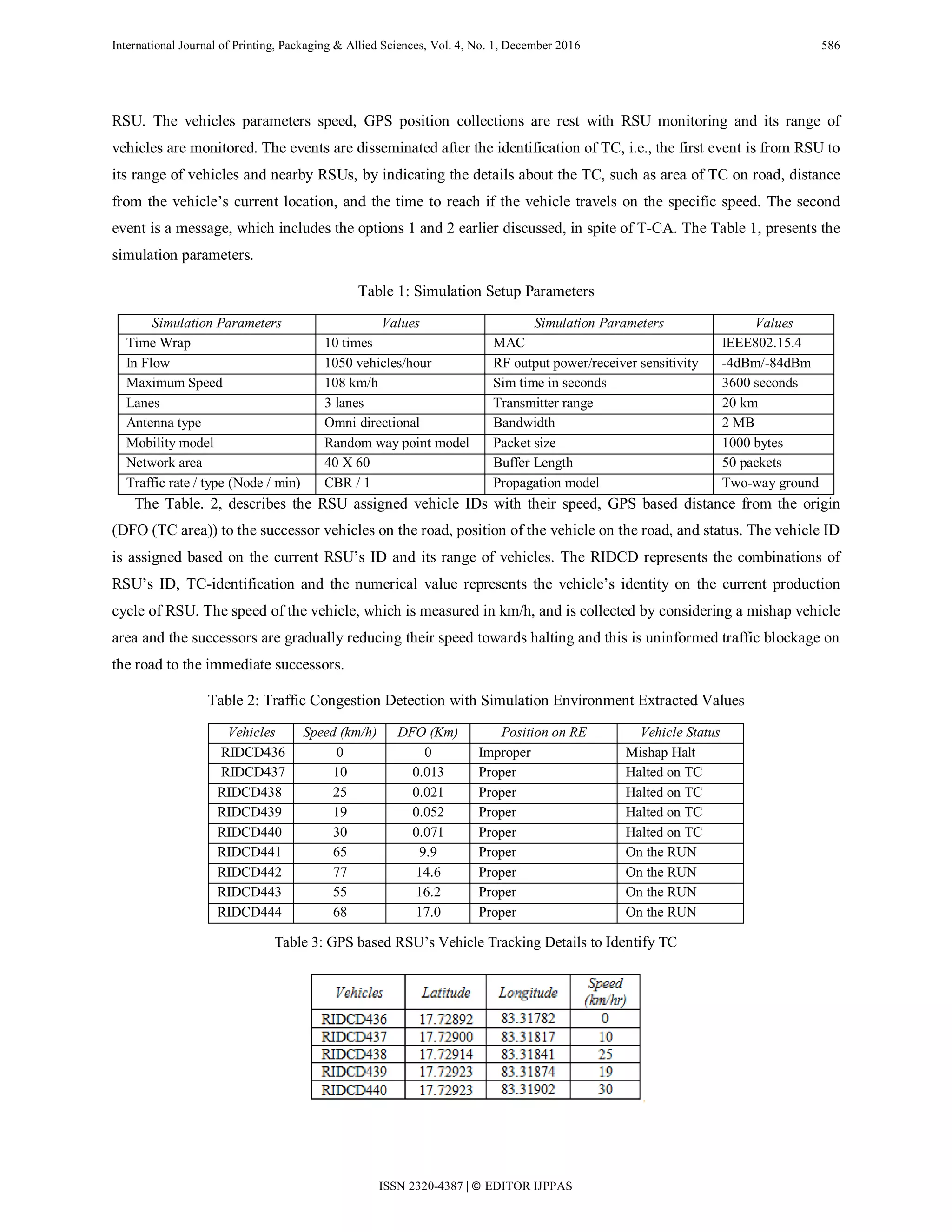 International Journal of Printing, Packaging & Allied Sciences, Vol. 4, No. 1, December 2016 586
RSU. The vehicles parameters speed, GPS position collections are rest with RSU monitoring and its range of
vehicles are monitored. The events are disseminated after the identification of TC, i.e., the first event is from RSU to
its range of vehicles and nearby RSUs, by indicating the details about the TC, such as area of TC on road, distance
from the vehicle’s current location, and the time to reach if the vehicle travels on the specific speed. The second
event is a message, which includes the options 1 and 2 earlier discussed, in spite of T-CA. The Table 1, presents the
simulation parameters.
Table 1: Simulation Setup Parameters
Simulation Parameters Values Simulation Parameters Values
Time Wrap 10 times MAC IEEE802.15.4
In Flow 1050 vehicles/hour RF output power/receiver sensitivity -4dBm/-84dBm
Maximum Speed 108 km/h Sim time in seconds 3600 seconds
Lanes 3 lanes Transmitter range 20 km
Antenna type Omni directional Bandwidth 2 MB
Mobility model Random way point model Packet size 1000 bytes
Network area 40 X 60 Buffer Length 50 packets
Traffic rate / type (Node / min) CBR / 1 Propagation model Two-way ground
The Table. 2, describes the RSU assigned vehicle IDs with their speed, GPS based distance from the origin
(DFO (TC area)) to the successor vehicles on the road, position of the vehicle on the road, and status. The vehicle ID
is assigned based on the current RSU’s ID and its range of vehicles. The RIDCD represents the combinations of
RSU’s ID, TC-identification and the numerical value represents the vehicle’s identity on the current production
cycle of RSU. The speed of the vehicle, which is measured in km/h, and is collected by considering a mishap vehicle
area and the successors are gradually reducing their speed towards halting and this is uninformed traffic blockage on
the road to the immediate successors.
Table 2: Traffic Congestion Detection with Simulation Environment Extracted Values
Vehicles Speed (km/h) DFO (Km) Position on RE Vehicle Status
RIDCD436 0 0 Improper Mishap Halt
RIDCD437 10 0.013 Proper Halted on TC
RIDCD438 25 0.021 Proper Halted on TC
RIDCD439 19 0.052 Proper Halted on TC
RIDCD440 30 0.071 Proper Halted on TC
RIDCD441 65 9.9 Proper On the RUN
RIDCD442 77 14.6 Proper On the RUN
RIDCD443 55 16.2 Proper On the RUN
RIDCD444 68 17.0 Proper On the RUN
Table 3: GPS based RSU’s Vehicle Tracking Details to Identify TC
ISSN 2320-4387 | © EDITOR IJPPAS
 