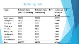 Operating cost
Items Estimated cost
(BDT) in January
Estimated cost (BDT)
in February
Estimated cost
(BDT) in
March
Labor salary 35000 30000 28000
Feed (brood) 35000 35000 35000
Fertilizer 6000 5000 4000
Electricity 5000 5000 6000
Medicine 2000 1500 1000
Selling cost 1000 1000 1000
Netting cost 2500 2000 2000
Security 2000 2000 2000
Miscellaneous 1000 1000 1000
Total 100555 91550 87000
 