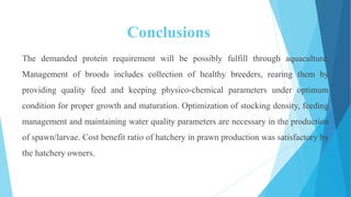 Conclusions
The demanded protein requirement will be possibly fulfill through aquaculture.
Management of broods includes collection of healthy breeders, rearing them by
providing quality feed and keeping physico-chemical parameters under optimum
condition for proper growth and maturation. Optimization of stocking density, feeding
management and maintaining water quality parameters are necessary in the production
of spawn/larvae. Cost benefit ratio of hatchery in prawn production was satisfactory by
the hatchery owners.
 