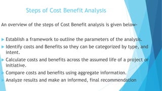 Steps of Cost Benefit Analysis
An overview of the steps of Cost Benefit analysis is given below-
 Establish a framework to outline the parameters of the analysis.
 Identify costs and Benefits so they can be categorized by type, and
intent.
 Calculate costs and benefits across the assumed life of a project or
initiative.
 Compare costs and benefits using aggregate information.
 Analyze results and make an informed, final recommendation
 