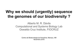 Why we should (urgently) sequence
the genomes of our biodiversity ?
Alberto M. R. Dávila
Computational and Systems Biology Lab
Oswaldo Cruz Institute, FIOCRUZ
Centro de Biotecnologia da Amazônia, Manaus, AM
Novembro 2018
 