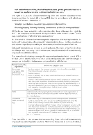 41
cash and in kind donations, charitable contributions, grants, gratis technical assis-
tance from legal and physical entities, including foreign ones.”
The right of ACBAs to collect membership dues and receive voluntary dona-
tions is provided for in Art. 21 of the ACMB Law, in accordance with which, an
association’s funds can consist of:
“statutory contributions, mandatory association membership fees;
voluntary property, including monetary, contributions by physical and legal entities.”
ACOs do not have a right to collect membership dues, although Art. 16 of the
ACO Law states the basis for such an organizations to be funded can be “volun-
tary contributions by physical and legal entities.”
All this leads to the conclusion that special legislative acts that regulate the ac-
tivities of various forms of community organizations do not contain significant
restrictions regarding the taking of membership or voluntary contributions.
Still, such limitations are present in tax legislation. The rules of the Tax Code do
not always free voluntary contributions and donations received by community
organizations of tax liabilities.
The procedure for taxing a non-profit organization is established in Art. 157 of
the Tax Code. Information about what kinds of organizations and which type of
income are not subject to taxes can be found in the table below.
Form of community
organization
Income not subject to taxes
Community
organization (CO),
philanthropic
organization (PO)
Funds or property that comes at no cost or in the form of on-refundable
financial assistance or voluntary donations;
Passive revenues;
Funds or property that received as a result of the basic activities of such non-
profit organizations;
Grants or subsidies received from the state or local budget, state targeted funds
or in the context of technical or charitable assistance, including humanitarian,
other than grants to regulate prices for paid services that are provided by such
non-profit organizations or through them to their beneficiaries, in accordance
with legislation intended to reduce the level of such prices.
(Art. 157.3, Tax Code)
•
•
•
•
ACMB Contributions, funds or property that come to such non-profit organizations to
cover the needs of their primary activities and in the form of passive revenues.
(Art. 157.8, Tax Code)
Cooperative
(non-commercial)
ACO
One-time or regular contributions, contributions by founders or members;
Funds or property that come to such non-profit organizations to cover the
needs of their primary activities and in the form of passive revenues;
Grants or subsidies received from the state or local budget, state targeted funds
or in the context of technical or charitable assistance, including humanitarian,
other than grants to regulate prices for paid services that are provided by such
non-profit organizations or through them to their beneficiaries, in accordance
with legislation intended to reduce the level of such prices.
(Art. 157.5, Tax Code)
•
•
•
From the table, it can be seen that membership dues collected by community
organizations are subject to taxation. Moreover, this norm in the Tax Code has
Analysis of CBA components
 