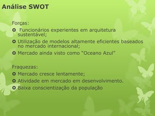Análise SWOT

  Forças:
   Funcionários experientes em arquitetura
    sustentável;
   Utilização de modelos altamente eficientes baseados
    no mercado internacional;
   Mercado ainda visto como “Oceano Azul”

  Fraquezas:
   Mercado cresce lentamente;
   Atividade em mercado em desenvolvimento.
   Baixa conscientização da população
 