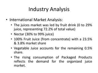 Industry Analysis
• International Market Analysis:
• The juices market was led by fruit drink (0 to 29%
juice, representing 72.2% of total value)
• Nectar (30% to 99% juice)
• 100% Fruit Juice (from concentrate) with a 23.5%
& 3.8% market share
• Vegetable Juice accounts for the remaining 0.5%
share.
• The rising consumption of Packaged Products
reflects the demand for the organized juice
market.
 