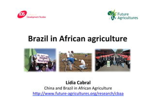 Brazil	
  in	
  African	
  agriculture	
  
Lídia	
  Cabral	
  
China	
  and	
  Brazil	
  in	
  African	
  Agriculture	
  
h3p://www.future-­‐agricultures.org/research/cbaa	
  
 