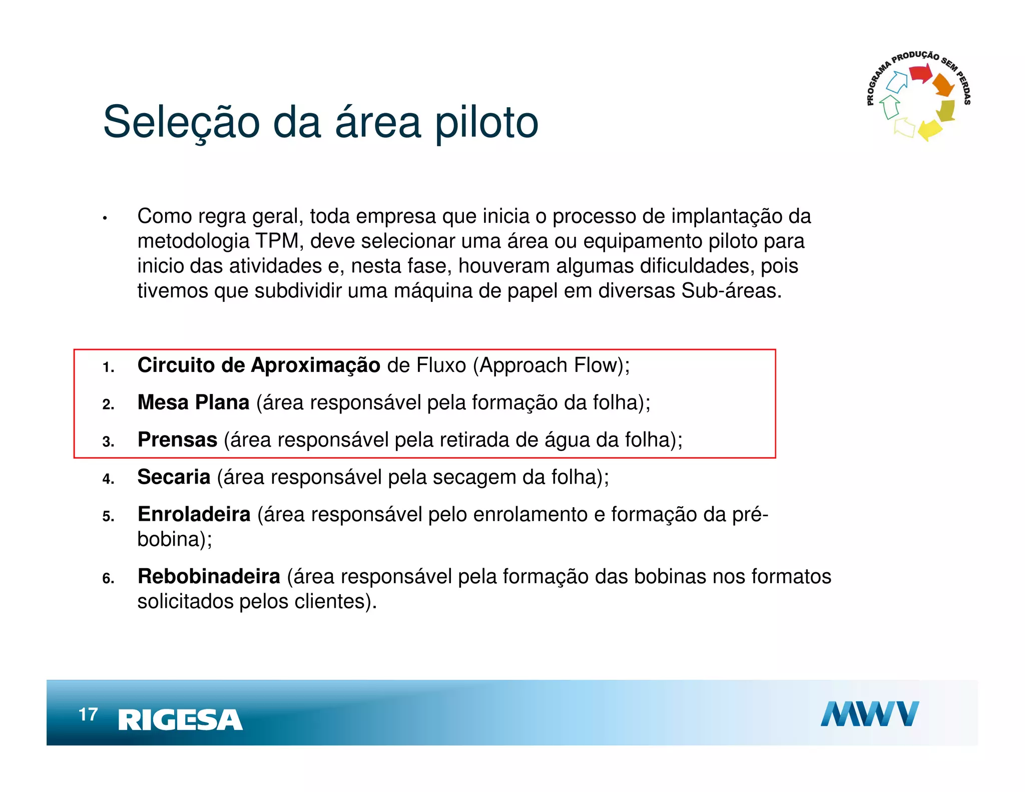 Seleção da área piloto
     •    Como regra geral, toda empresa que inicia o processo de implantação da
          metodologia TPM, deve selecionar uma área ou equipamento piloto para
          inicio das atividades e, nesta fase, houveram algumas dificuldades, pois
          tivemos que subdividir uma máquina de papel em diversas Sub-áreas.


     1.   Circuito de Aproximação de Fluxo (Approach Flow);
     2.   Mesa Plana (área responsável pela formação da folha);
     3.   Prensas (área responsável pela retirada de água da folha);
     4.   Secaria (área responsável pela secagem da folha);
     5.   Enroladeira (área responsável pelo enrolamento e formação da pré-
          bobina);
     6.   Rebobinadeira (área responsável pela formação das bobinas nos formatos
          solicitados pelos clientes).




17
 