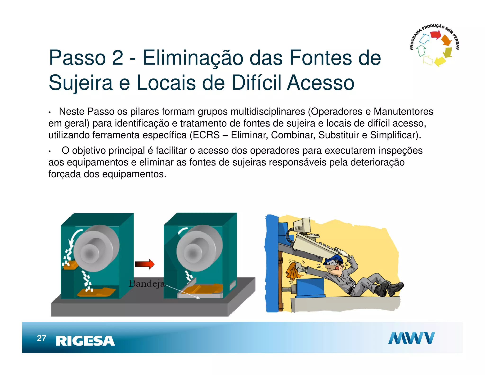 Passo 2 - Eliminação das Fontes de
     Sujeira e Locais de Difícil Acesso
     •  Neste Passo os pilares formam grupos multidisciplinares (Operadores e Manutentores
     em geral) para identificação e tratamento de fontes de sujeira e locais de difícil acesso,
     utilizando ferramenta específica (ECRS – Eliminar, Combinar, Substituir e Simplificar).
     •  O objetivo principal é facilitar o acesso dos operadores para executarem inspeções
     aos equipamentos e eliminar as fontes de sujeiras responsáveis pela deterioração
     forçada dos equipamentos.




27
 
