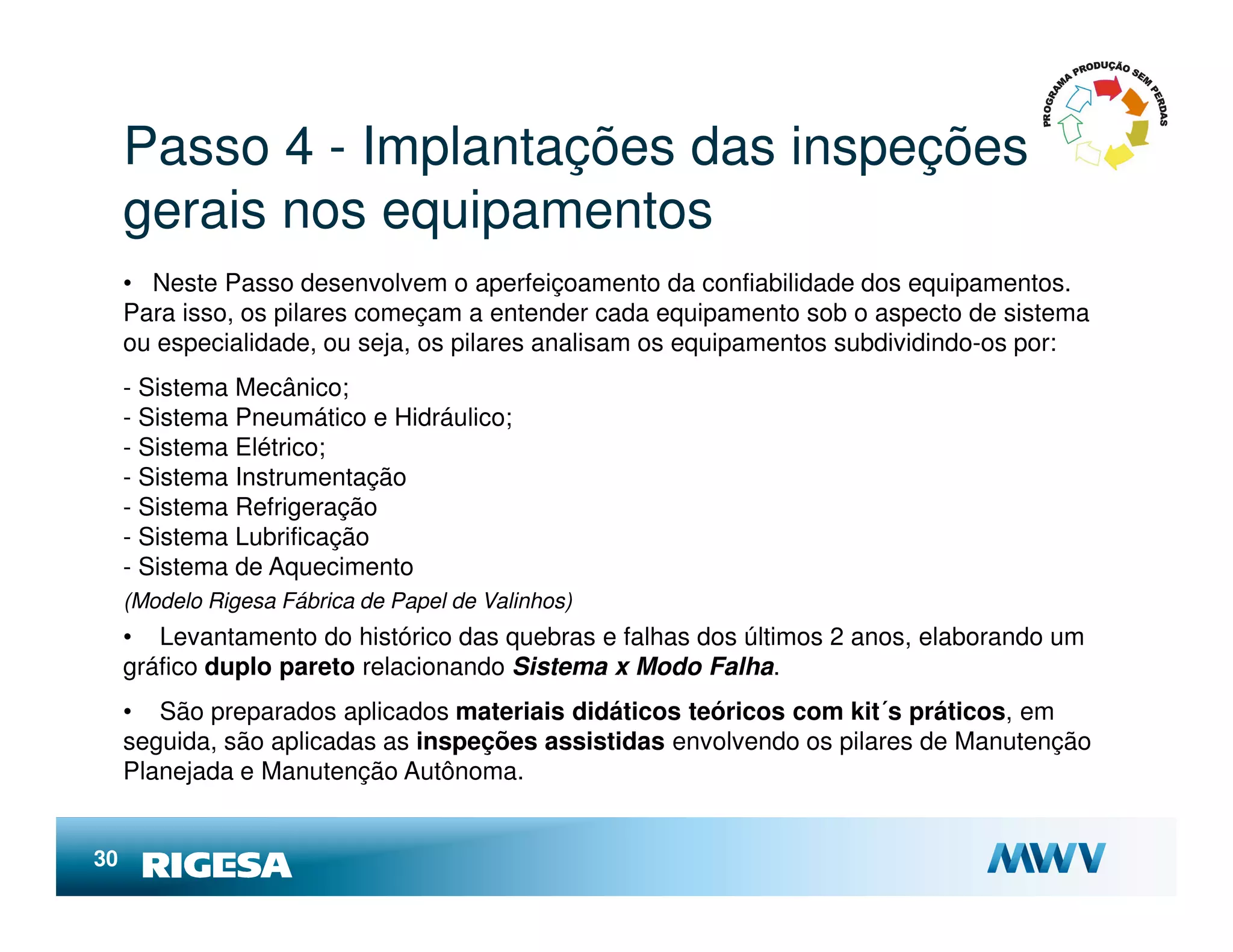 Passo 4 - Implantações das inspeções
     gerais nos equipamentos
     • Neste Passo desenvolvem o aperfeiçoamento da confiabilidade dos equipamentos.
     Para isso, os pilares começam a entender cada equipamento sob o aspecto de sistema
     ou especialidade, ou seja, os pilares analisam os equipamentos subdividindo-os por:
     - Sistema Mecânico;
     - Sistema Pneumático e Hidráulico;
     - Sistema Elétrico;
     - Sistema Instrumentação
     - Sistema Refrigeração
     - Sistema Lubrificação
     - Sistema de Aquecimento
     (Modelo Rigesa Fábrica de Papel de Valinhos)
     • Levantamento do histórico das quebras e falhas dos últimos 2 anos, elaborando um
     gráfico duplo pareto relacionando Sistema x Modo Falha.
     • São preparados aplicados materiais didáticos teóricos com kit´s práticos, em
     seguida, são aplicadas as inspeções assistidas envolvendo os pilares de Manutenção
     Planejada e Manutenção Autônoma.


30
 