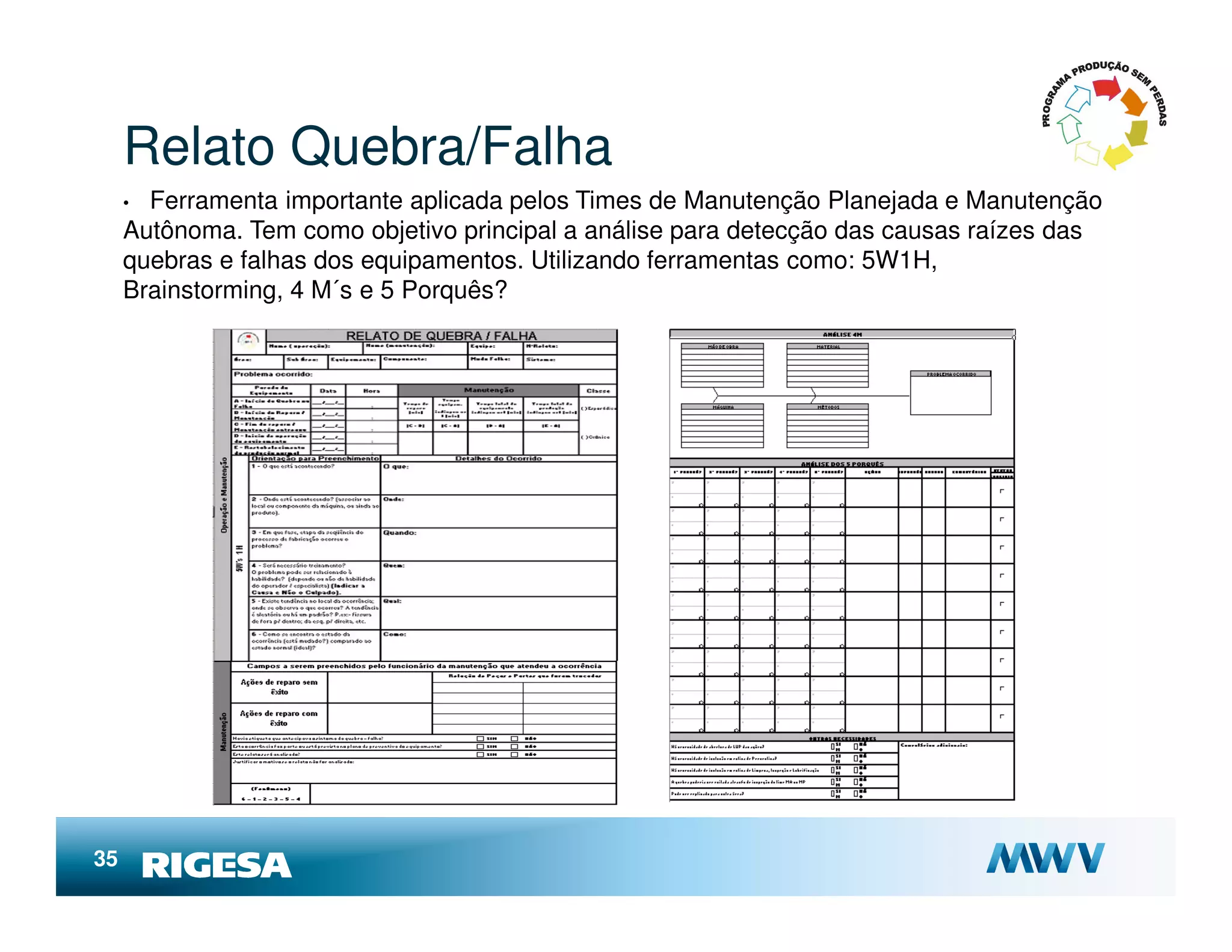 Relato Quebra/Falha
     • Ferramenta importante aplicada pelos Times de Manutenção Planejada e Manutenção
     Autônoma. Tem como objetivo principal a análise para detecção das causas raízes das
     quebras e falhas dos equipamentos. Utilizando ferramentas como: 5W1H,
     Brainstorming, 4 M´s e 5 Porquês?




35
 
