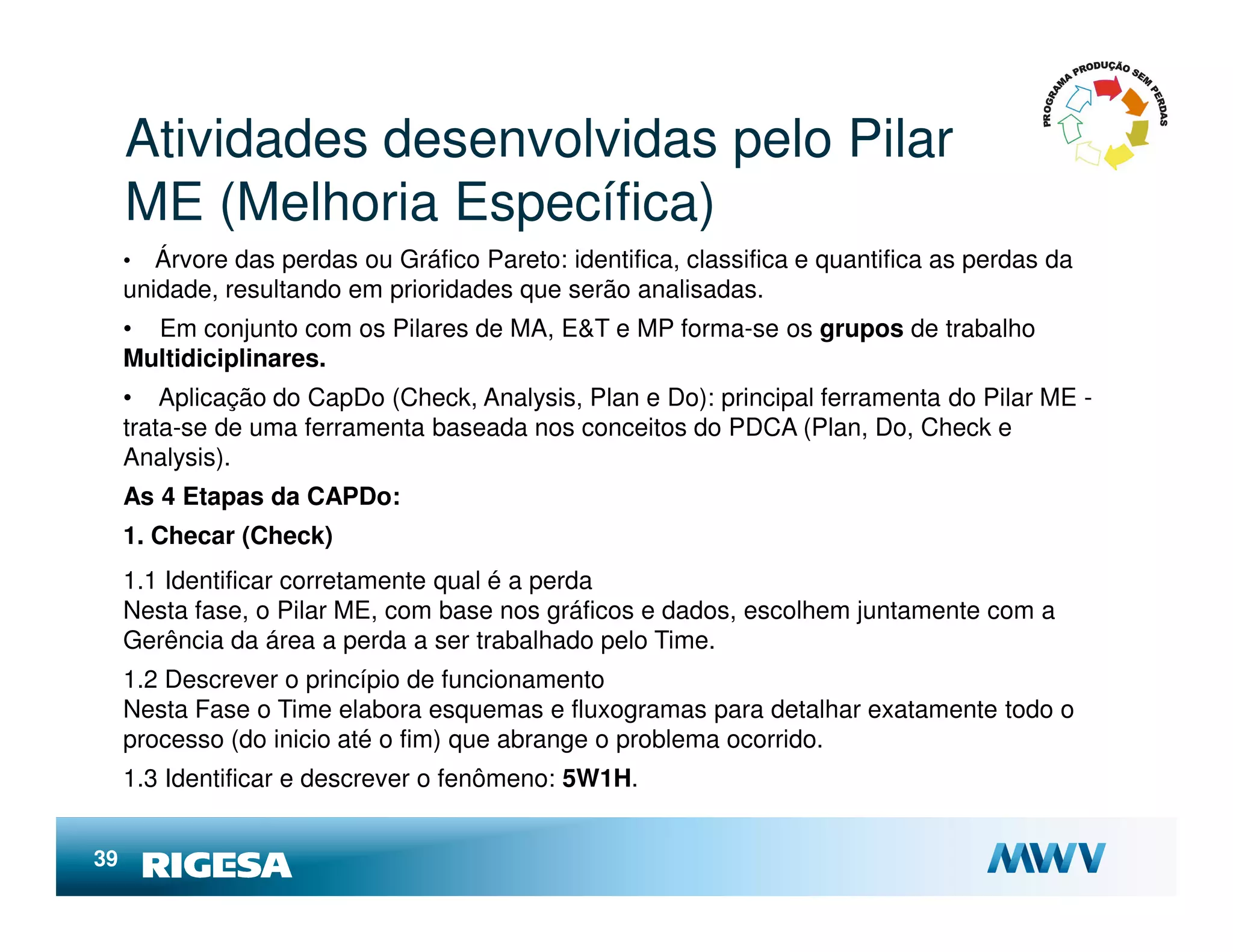 Atividades desenvolvidas pelo Pilar
     ME (Melhoria Específica)
     •  Árvore das perdas ou Gráfico Pareto: identifica, classifica e quantifica as perdas da
     unidade, resultando em prioridades que serão analisadas.
     • Em conjunto com os Pilares de MA, E&T e MP forma-se os grupos de trabalho
     Multidiciplinares.
     • Aplicação do CapDo (Check, Analysis, Plan e Do): principal ferramenta do Pilar ME -
     trata-se de uma ferramenta baseada nos conceitos do PDCA (Plan, Do, Check e
     Analysis).
     As 4 Etapas da CAPDo:
     1. Checar (Check)
     1.1 Identificar corretamente qual é a perda
     Nesta fase, o Pilar ME, com base nos gráficos e dados, escolhem juntamente com a
     Gerência da área a perda a ser trabalhado pelo Time.
     1.2 Descrever o princípio de funcionamento
     Nesta Fase o Time elabora esquemas e fluxogramas para detalhar exatamente todo o
     processo (do inicio até o fim) que abrange o problema ocorrido.
     1.3 Identificar e descrever o fenômeno: 5W1H.


39
 