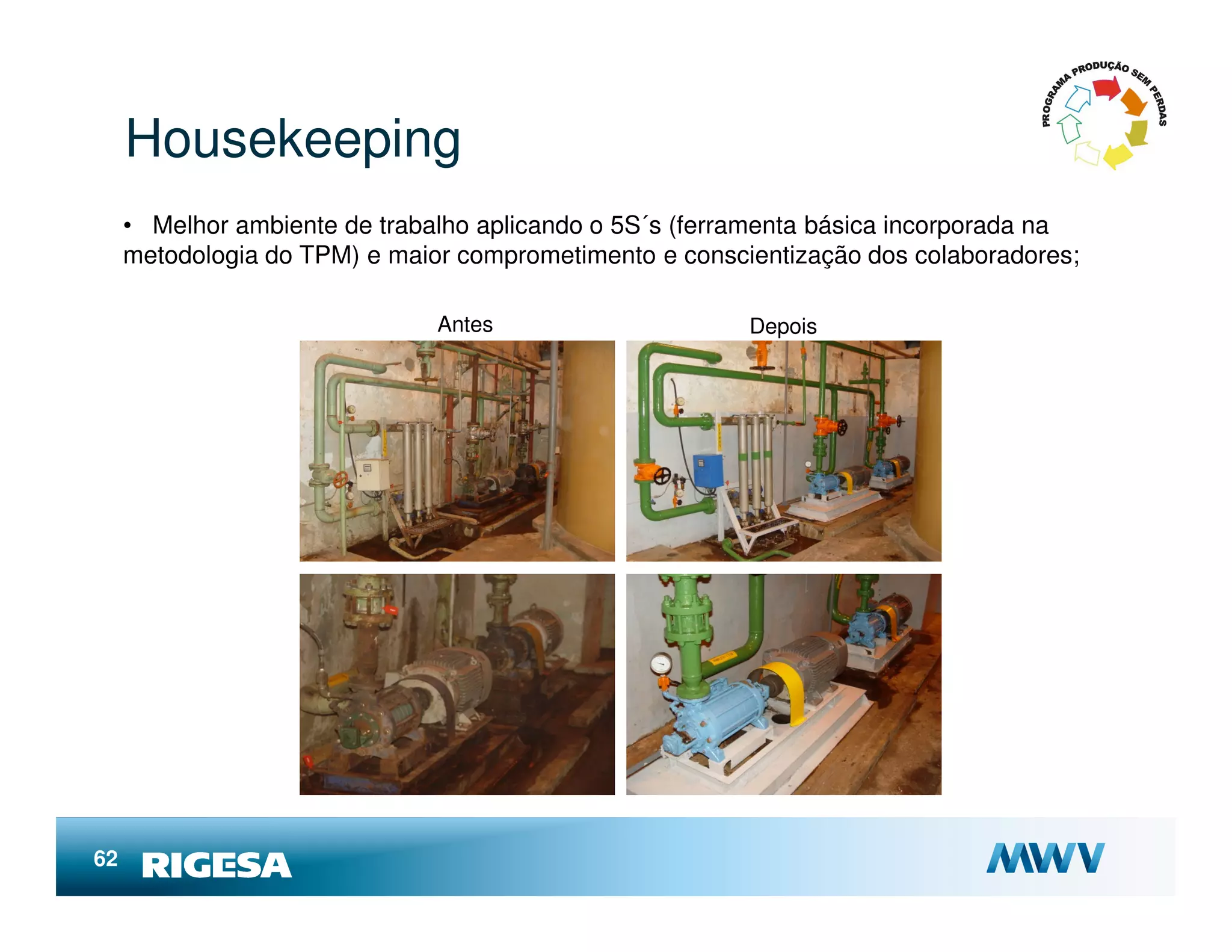 Housekeeping
     • Melhor ambiente de trabalho aplicando o 5S´s (ferramenta básica incorporada na
     metodologia do TPM) e maior comprometimento e conscientização dos colaboradores;

                               Antes                     Depois




62
 