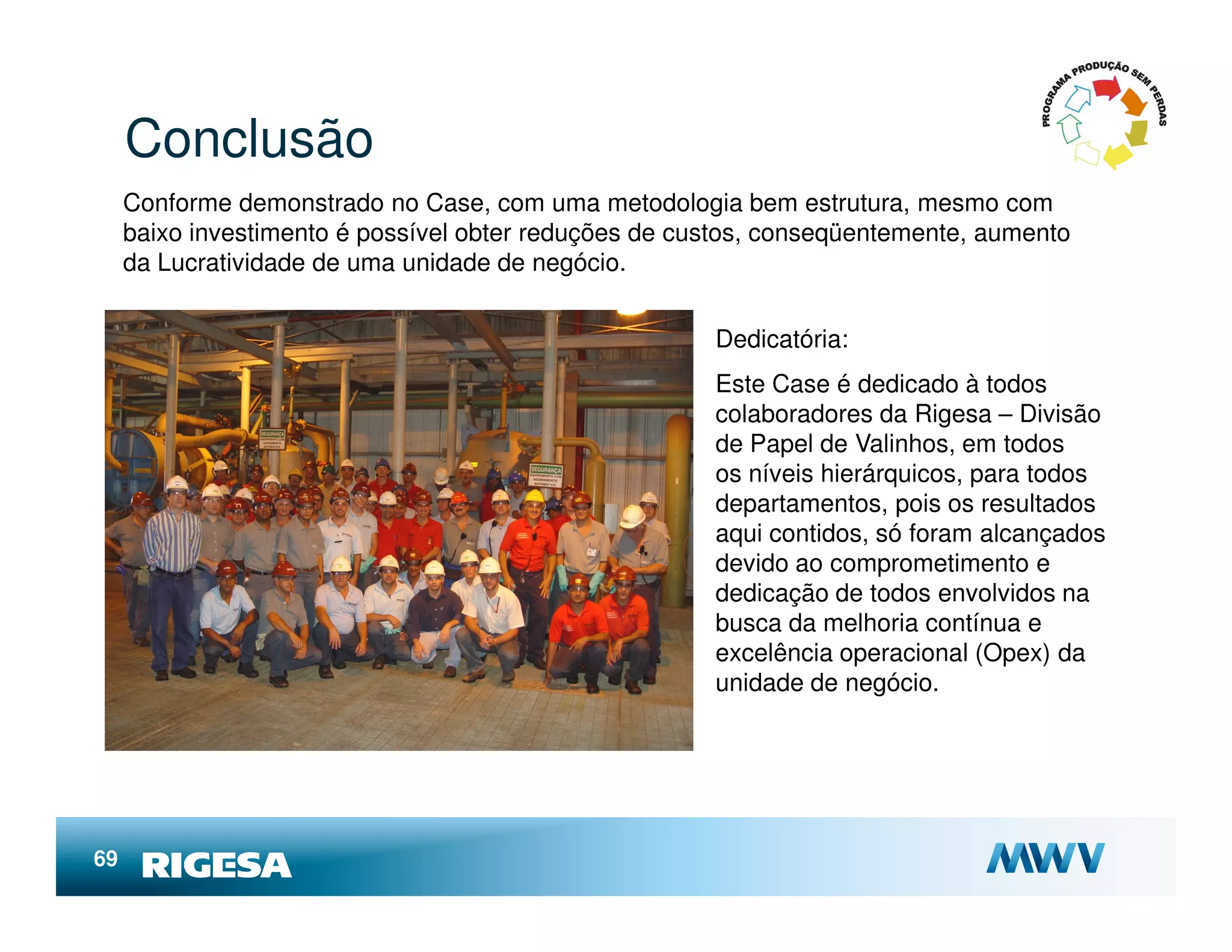 Conclusão
     Conforme demonstrado no Case, com uma metodologia bem estrutura, mesmo com
     baixo investimento é possível obter reduções de custos, conseqüentemente, aumento
     da Lucratividade de uma unidade de negócio.


                                                       Dedicatória:
                                                       Este Case é dedicado à todos
                                                       colaboradores da Rigesa – Divisão
                                                       de Papel de Valinhos, em todos
                                                       os níveis hierárquicos, para todos
                                                       departamentos, pois os resultados
                                                       aqui contidos, só foram alcançados
                                                       devido ao comprometimento e
                                                       dedicação de todos envolvidos na
                                                       busca da melhoria contínua e
                                                       excelência operacional (Opex) da
                                                       unidade de negócio.




69
 