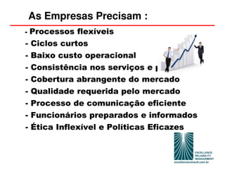 As Empresas Precisam :
- Processos flexíveis
- Ciclos curtos
- Baixo custo operacional
- Consistência nos serviços e promessas
- Cobertura abrangente do mercado
- Qualidade requerida pelo mercado
- Processo de comunicação eficiente
- Funcionários preparados e informados
- Ética Inflexível e Políticas Eficazes
 