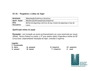 VI.18 - Purgadores e Linhas de Vapor

 Modalidade:       Manutenção Preditiva e Corretiva
 Qualif. Equipe:   Mecânico(s)/Encanador(es) Industrial
 EPIS              Botina de segurança com bico de aço, óculos de segurança e luva de
 Necessários:      couro.

 Qualificação mínima da equipe

 Encanador: com formação em escola profissionalizante em curso ministrado por escola
 SENAI, Técnica Federal ou similar, e 2º grau (ensino médio). Experiência mínima de 05
 (cinco) anos, compreendendo tubulações de vapor, conexões e registros.

Legenda:
P: Periodicidade
D: diária          Q: quinzenal                     B: bimestral          ST: semestral
S: semanal         M: mensal                         T: trimestral        A: anual
 