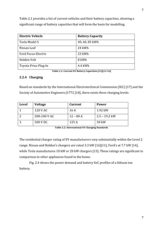 7	
  
	
  
7	
  
	
  
Table	
  2.1	
  provides	
  a	
  list	
  of	
  current	
  vehicles	
  and	
  their	
  battery	
  capacities,	
  showing	
  a	
  
significant	
  range	
  of	
  battery	
  capacities	
  that	
  will	
  form	
  the	
  basis	
  for	
  modelling.	
  
	
  
Electric	
  Vehicle	
   Battery	
  Capacity	
  
Tesla	
  Model	
  S	
   40,	
  60,	
  85	
  kWh	
  
Nissan	
  Leaf	
   24	
  kWh	
  
Ford	
  Focus	
  Electric	
   23	
  kWh	
  
Holden	
  Volt	
   8	
  kWh	
  
Toyota	
  Prius	
  Plug-­‐In	
   4.4	
  kWh	
  
Table	
  2.1:	
  Current	
  EV	
  Battery	
  Capacities	
  [11][13-­‐16]	
  
2.2.4	
   Charging	
  
	
  
Based	
  on	
  standards	
  by	
  the	
  International	
  Electrotechnical	
  Commission	
  (IEC)	
  [17]	
  and	
  the	
  
Society	
  of	
  Automotive	
  Engineers	
  J1772	
  [18],	
  there	
  exists	
  three	
  charging	
  levels:	
  
	
  
Level	
   Voltage	
  	
   Current	
   Power	
  
1	
   120	
  V	
  AC	
   16	
  A	
   1.92	
  kW	
  
2	
   208-­‐240	
  V	
  AC	
   12	
  –	
  80	
  A	
   2.5	
  –	
  19.2	
  kW	
  
3	
   500	
  V	
  DC	
   125	
  A	
   50	
  kW	
  
Table	
  2.2:	
  International	
  EV	
  Charging	
  Standards	
  
	
  
The	
  residential	
  charger	
  rating	
  of	
  EV	
  manufacturers	
  vary	
  substantially	
  within	
  the	
  Level	
  2	
  
range.	
  Nissan	
  and	
  Holden’s	
  chargers	
  are	
  rated	
  3.3	
  kW	
  [16][11],	
  Ford’s	
  at	
  7.7	
  kW	
  [14],	
  
while	
  Tesla	
  manufactures	
  10	
  kW	
  or	
  20	
  kW	
  chargers	
  [13].	
  These	
  ratings	
  are	
  significant	
  in	
  
comparison	
  to	
  other	
  appliances	
  found	
  in	
  the	
  home.	
  
Fig.	
  2.4	
  shows	
  the	
  power	
  demand	
  and	
  battery	
  SoC	
  profiles	
  of	
  a	
  lithium	
  ion	
  
battery.	
  
 