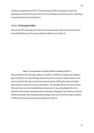 19	
  
	
  
19	
  
	
  
maximum	
  temperature	
  of	
  38.7°C.	
  The	
  hottest	
  day	
  of	
  2011	
  was	
  chosen	
  as	
  network	
  
planning	
  must	
  take	
  into	
  account	
  the	
  worst-­‐case	
  loading	
  scenarios	
  that	
  occur	
  on	
  hot	
  days,	
  
caused	
  primarily	
  by	
  air	
  conditioners.	
  
	
  
3.2.3.2 EV	
  Charging	
  Profiles	
  
	
  
The	
  spread	
  of	
  EV	
  charging	
  start	
  times	
  were	
  determined	
  by	
  analysing	
  driving	
  statistics	
  
from	
  the	
  NSW	
  Bureau	
  of	
  Transport	
  Statistics	
  [28],	
  shown	
  in	
  Fig	
  3.4.	
  
	
  
Figure	
  3.4:	
  Average	
  number	
  of	
  travellers	
  in	
  NSW	
  on	
  weekdays	
  in	
  2010/11	
  
This	
  graph	
  shows	
  the	
  average	
  number	
  of	
  travellers	
  in	
  NSW	
  on	
  weekdays	
  by	
  transport	
  
type	
  in	
  2010/11.	
  For	
  determining	
  vehicle	
  arrival	
  times,	
  only	
  the	
  ‘Vehicle	
  Driver’	
  curve	
  
was	
  considered.	
  The	
  time	
  of	
  arrival	
  was	
  determined	
  by	
  shifting	
  the	
  afternoon/night	
  
peak,	
  between	
  2	
  pm	
  and	
  12	
  am,	
  by	
  20	
  minutes	
  -­‐	
  the	
  average	
  vehicle	
  one-­‐way	
  trip	
  time.	
  
This	
  curve	
  was	
  then	
  normalised	
  between	
  2	
  pm	
  and	
  12	
  am,	
  and	
  multiplied	
  by	
  46	
  to	
  
determine	
  the	
  number	
  of	
  premises	
  that	
  would	
  begin	
  charging	
  at	
  each	
  half	
  hour	
  interval	
  
within	
  this	
  period.	
  The	
  resulting	
  scaled	
  driving	
  arrival	
  curve	
  is	
  shown	
  in	
  Fig	
  3.5,	
  shown	
  
to	
  follow	
  the	
  afternoon	
  driving	
  trend	
  displayed	
  in	
  Fig	
  3.4.	
  
 