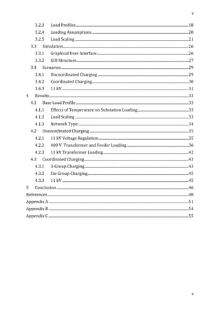 v	
  
	
  	
  
v	
  
	
  	
  
3.2.3	
   Load	
  Profiles	
  ............................................................................................................................	
  18	
  
3.2.4	
   Loading	
  Assumptions	
  ..........................................................................................................	
  20	
  
3.2.5	
   Load	
  Scaling	
  .............................................................................................................................	
  21	
  
3.3	
   Simulation	
  ..........................................................................................................................................	
  26	
  
3.3.1	
   Graphical	
  User	
  Interface	
  .....................................................................................................	
  26	
  
3.3.2	
   GUI	
  Structure	
  ...........................................................................................................................	
  27	
  
3.4	
   Scenarios	
  ............................................................................................................................................	
  29	
  
3.4.1	
   Uncoordinated	
  Charging	
  ....................................................................................................	
  29	
  
3.4.2	
   Coordinated	
  Charging	
  ..........................................................................................................	
  30	
  
3.4.3	
   11	
  kV	
  ...........................................................................................................................................	
  31	
  
4	
   Results	
  .........................................................................................................................................................	
  33	
  
4.1	
   Base	
  Load	
  Profile	
  ............................................................................................................................	
  33	
  
4.1.1	
   Effects	
  of	
  Temperature	
  on	
  Substation	
  Loading	
  ........................................................	
  33	
  
4.1.2	
   Load	
  Scaling	
  .............................................................................................................................	
  33	
  
4.1.3	
   Network	
  Type	
  .........................................................................................................................	
  34	
  
4.2	
   Uncoordinated	
  Charging	
  .............................................................................................................	
  35	
  
4.2.1	
   11	
  kV	
  Voltage	
  Regulation	
  ...................................................................................................	
  35	
  
4.2.2	
   400	
  V	
  	
  Transformer	
  and	
  Feeder	
  Loading	
  ....................................................................	
  36	
  
4.2.3	
   11	
  kV	
  Transformer	
  Loading	
  ..............................................................................................	
  42	
  
4.3	
   Coordinated	
  Charging	
  ...................................................................................................................	
  43	
  
4.3.1	
   3-­‐Group	
  Charging	
  ..................................................................................................................	
  43	
  
4.3.2	
   Six-­‐Group	
  Charging	
  ...............................................................................................................	
  45	
  
4.3.3	
   11	
  kV	
  ...........................................................................................................................................	
  45	
  
5	
   Conclusion	
  .................................................................................................................................................	
  46	
  
References	
  ...........................................................................................................................................................	
  48	
  
Appendix	
  A	
  ..........................................................................................................................................................	
  51	
  
Appendix	
  B	
  ..........................................................................................................................................................	
  54	
  
Appendix	
  C	
  ..........................................................................................................................................................	
  55	
  
	
  
	
  
	
  
	
  
	
  
	
  
	
  
	
  
	
  
	
  
	
  
 