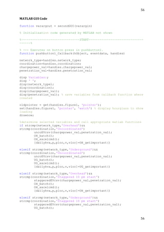 56	
  
	
  
56	
  
	
  
MATLAB	
  GUI	
  Code	
  
	
  
function varargout = secondGUI(varargin)
% Initialisation code generated by MATLAB not shown
%~~~~~~~~~~~~~~~~~~~~~~~~~~~~~~~~START~~~~~~~~~~~~~~~~~~~~~~~~~~~~~~
~~~~~~%
% --- Executes on button press in pushbutton1.
function pushbutton1_Callback(hObject, eventdata, handles)
network_type=handles.network_type;
coordination=handles.coordination;
chargepower_val=handles.chargepower_val;
penetration_val=handles.penetration_val;
disp Variables:;
disp ' ';
disp(network_type);
disp(coordination);
disp(chargepower_val);
disp(penetration_val); % save variables from callback function where
created
oldpointer = get(handles.figure1, 'pointer');
set(handles.figure1, 'pointer', 'watch') % display hourglass to show
loading
drawnow;
%determine selected variables and call appropriate matlab functions
if strcmp(network_type,'Overhead')&&
strcmp(coordination,'Uncoordinated')
uncoEVcsv(chargepower_val,penetration_val);
OH_batch();
OH_excelcmd();
[dailykva,p,ploc,v,vloc]=OH_getimportant()
elseif strcmp(network_type,'Underground')&&
strcmp(coordination,'Uncoordinated')
uncoEVcsv(chargepower_val,penetration_val);
UG_batch();
UG_excelcmd();
[dailykva,p,ploc,v,vloc]=UG_getimportant()
elseif strcmp(network_type,'Overhead')&&
strcmp(coordination,'Staggered 10 pm start')
staggeredEVcsv(chargepower_val,penetration_val);
OH_batch();
OH_excelcmd();
[dailykva,p,ploc,v,vloc]=OH_getimportant()
elseif strcmp(network_type,'Underground')&&
strcmp(coordination,'Staggered 10 pm start')
staggeredEVcsv(chargepower_val,penetration_val);
UG_batch();
 