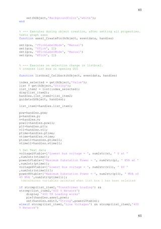 61	
  
	
  
61	
  
	
  
set(hObject,'BackgroundColor','white');
end
% --- Executes during object creation, after setting all properties.
%sets graph axes
function axes1_CreateFcn(hObject, eventdata, handles)
set(gca, 'YTickLabelMode', 'Manual')
set(gca, 'YTick', [])
set(gca, 'XTickLabelMode', 'Manual')
set(gca, 'XTick', [])
% --- Executes on selection change in listbox2.
% creates list box on opening GUI
function listbox2_Callback(hObject, eventdata, handles)
index_selected = get(hObject,'Value');
list = get(hObject,'String');
list_item2 = list{index_selected};
disp(list_item2);
handles.list_item2=list_item2;
guidata(hObject, handles);
list_item1=handles.list_item1;
pow=handles.pow;
p=handles.p;
v=handles.v;
pow11=handles.pow11;
p11=handles.p11;
v11=handles.v11;
ptime=handles.ptime;
vtime=handles.vtime;
ptime11=handles.ptime11;
vtime11=handles.vtime11;
% Set Text data
voltageLVtable=['Lowest bus voltage = ', num2str(v), ' V at '
,num2str(vtime)];
powerLVtable=['Maximum Substation Power = ', num2str(p), ' KVA at '
,num2str(ptime)];
voltageHVtable=['Lowest bus voltage = ', num2str(v11), ' kV '
,num2str(vtime11)];
powerHVtable=['Maximum Substation Power = ', num2str(p11), ' MVA of
45 MVA ',num2str(ptime11)];
%determines variables selected when list box 1 has been selected
if strcmp(list_item1,'Transformer Loading') &&
strcmp(list_item2,'400 V Network')
display '400 TX Loading works'
pie3(handles.axes1,pow);
set(handles.edit3,'String',powerLVtable);
elseif strcmp(list_item1,'Line Voltages') && strcmp(list_item2,'400
V Network')
 