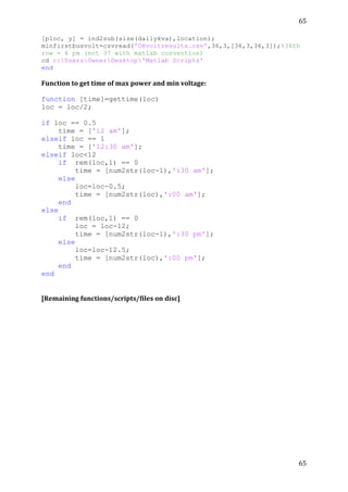 65	
  
	
  
65	
  
	
  
[ploc, y] = ind2sub(size(dailykva),location);
minfirstbusvolt=csvread('OHvoltresults.csv',36,3,[36,3,36,3]);%36th
row = 6 pm (not 37 with matlab convention)
cd c:UsersOwnerDesktop'Matlab Scripts'
end
Function	
  to	
  get	
  time	
  of	
  max	
  power	
  and	
  min	
  voltage:	
  
	
  
function [time]=gettime(loc)
loc = loc/2;
if loc == 0.5
time = ['12 am'];
elseif loc == 1
time = ['12:30 am'];
elseif loc<12
if rem(loc,1) == 0
time = [num2str(loc-1),':30 am'];
else
loc=loc-0.5;
time = [num2str(loc),':00 am'];
end
else
if rem(loc,1) == 0
loc = loc-12;
time = [num2str(loc-1),':30 pm'];
else
loc=loc-12.5;
time = [num2str(loc),':00 pm'];
end
end
	
  
[Remaining	
  functions/scripts/files	
  on	
  disc]	
  
	
  
 