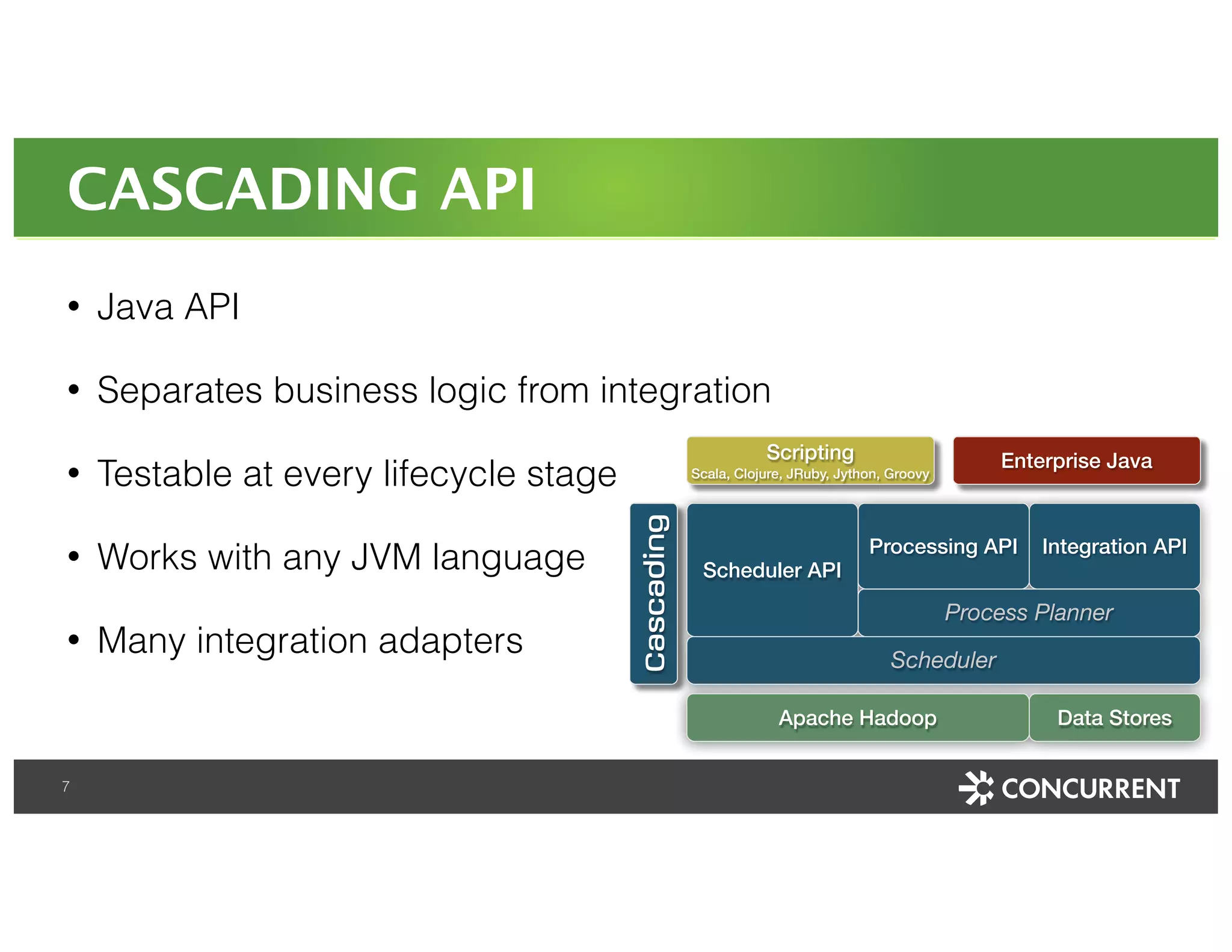 CASCADING API 
• Java API 
• Separates business logic from integration 
• Testable at every lifecycle stage 
• Works with any JVM language 
• Many integration adapters 
7 
Processing API Integration API 
Process Planner 
Scheduler API 
Scheduler 
Apache Hadoop 
Cascading 
Data Stores 
Scripting 
Scala, Clojure, JRuby, Jython, Groovy Enterprise Java 
 