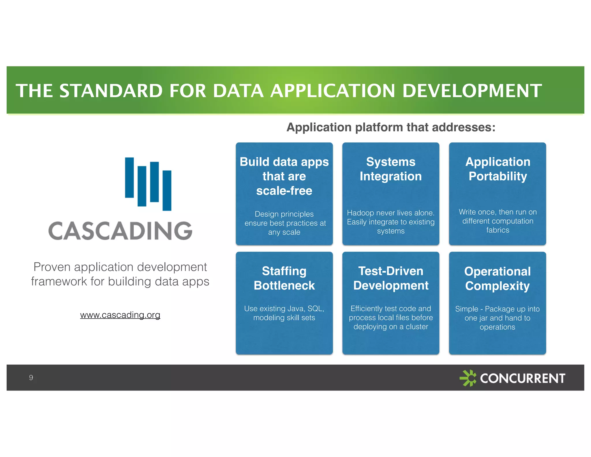 THE STANDARD FOR DATA APPLICATION DEVELOPMENT 
9 
www.cascading.org 
Build data apps 
that are 
scale-free! 
!!! 
Design principles 
ensure best practices at 
any scale 
Test-Driven 
Development! 
! 
Efficiently test code and 
process local files before 
deploying on a cluster 
Staffing 
Bottleneck! 
! 
Use existing Java, SQL, 
modeling skill sets 
Application 
Portability! 
! 
! 
Write once, then run on 
different computation 
fabrics 
Operational 
Complexity! 
! 
Simple - Package up into 
one jar and hand to 
operations 
Systems 
Integration! 
! 
! 
Hadoop never lives alone. 
Easily integrate to existing 
systems 
! 
Proven application development 
framework for building data apps 
Application platform that addresses: 
 