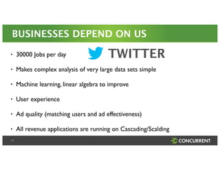 BUSINESSES DEPEND ON US 
• 30000 Jobs per day! 
• Makes complex analysis of very large data sets simple! 
• Machine learning, linear algebra to improve! 
• User experience! 
• Ad quality (matching users and ad effectiveness)! 
• All revenue applications are running on Cascading/Scalding! 
12 
TWITTER 
 