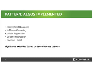 PATTERN: ALGOS IMPLEMENTED 
• Hierarchical Clustering 
• K-Means Clustering 
• Linear Regression 
• Logistic Regression 
• Random Forest 
! 
algorithms extended based on customer use cases – 
25 Confidential 
 