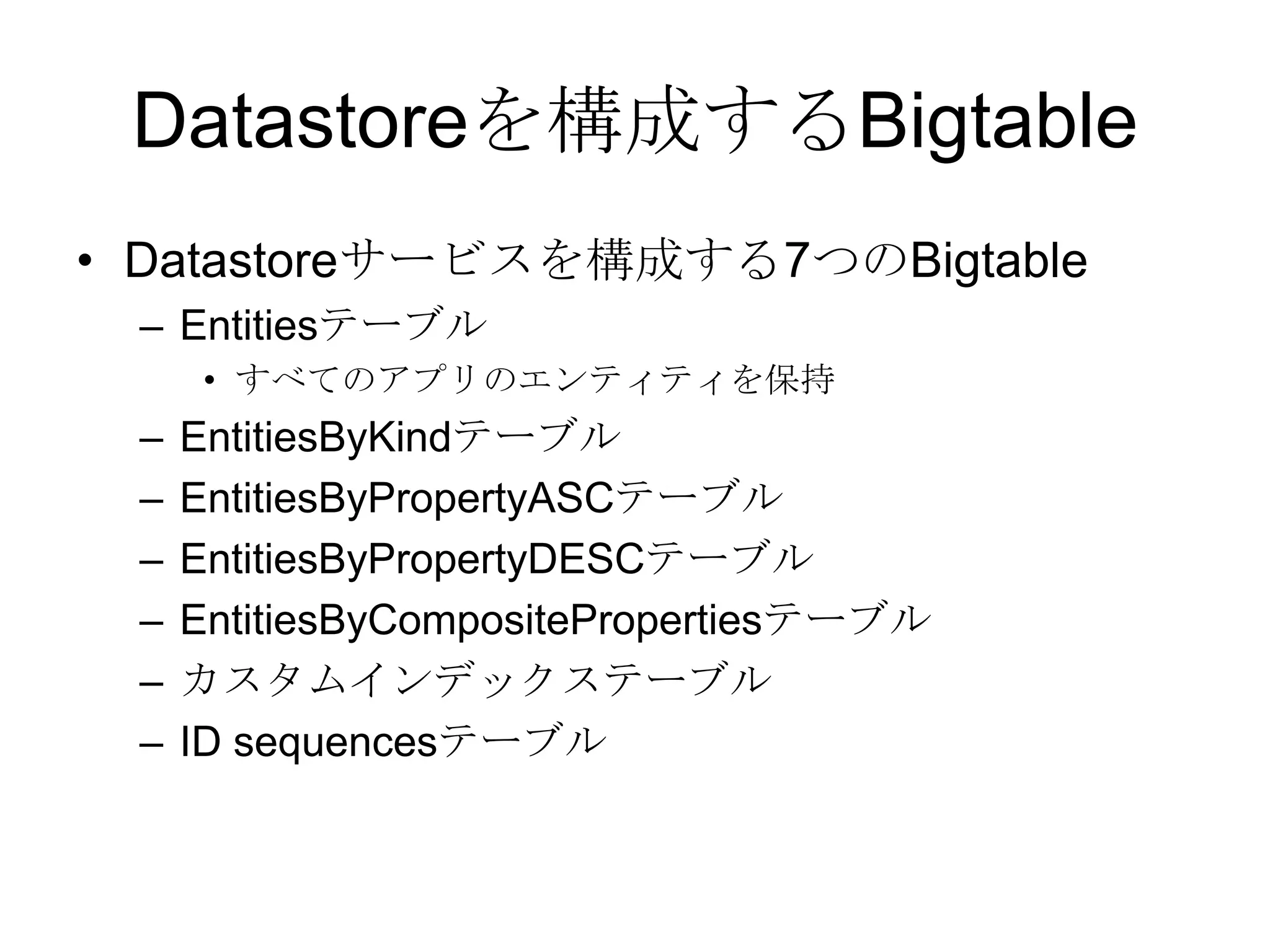 Datastoreを構成するBigtableDatastoreサービスを構成する7つのBigtableEntitiesテーブルすべてのアプリのエンティティを保持EntitiesByKindテーブルEntitiesByPropertyASCテーブルEntitiesByPropertyDESCテーブルEntitiesByCompositePropertiesテーブルカスタムインデックステーブルID sequencesテーブル
