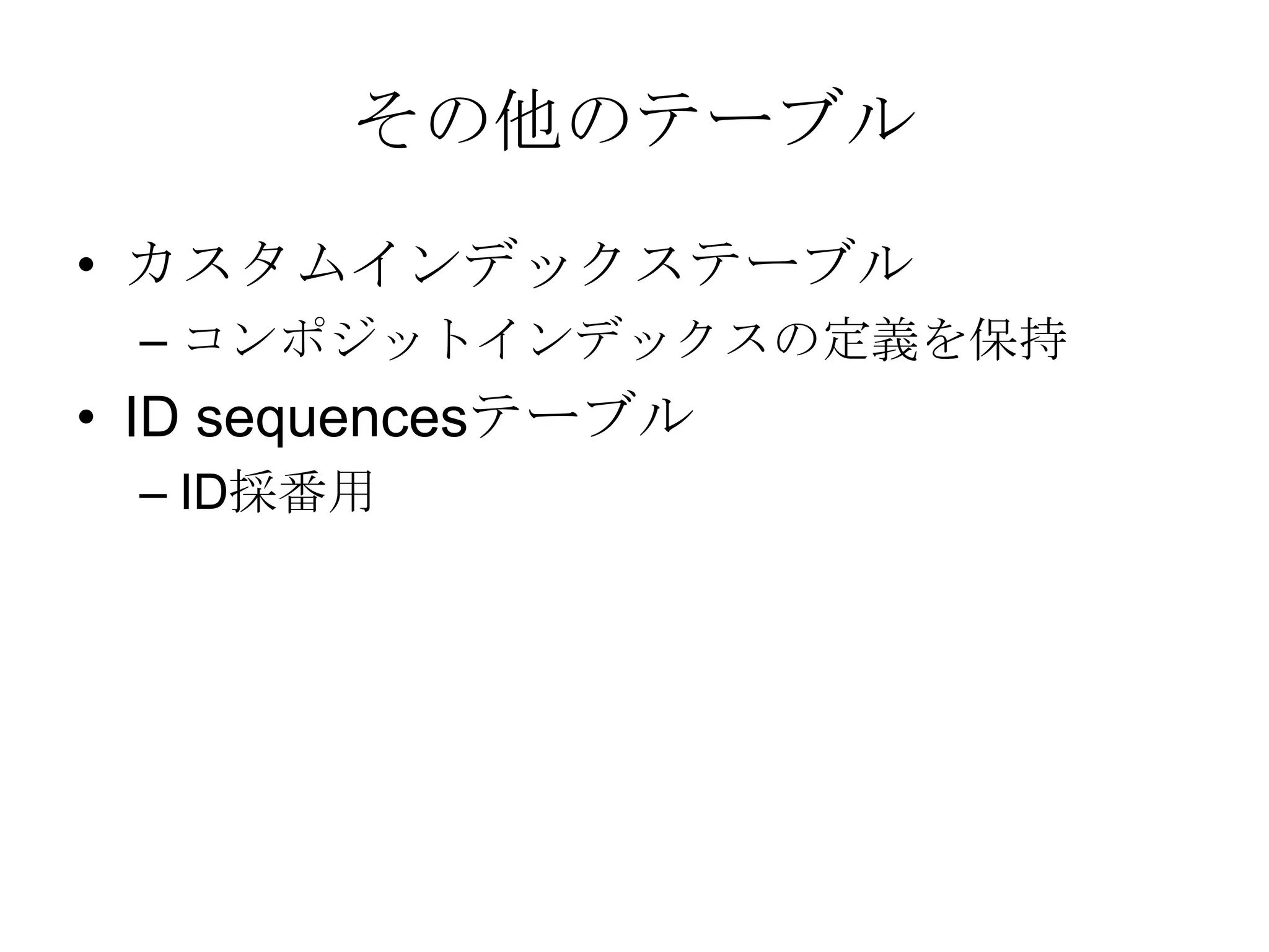 その他のテーブルカスタムインデックステーブルコンポジットインデックスの定義を保持ID sequencesテーブルID採番用