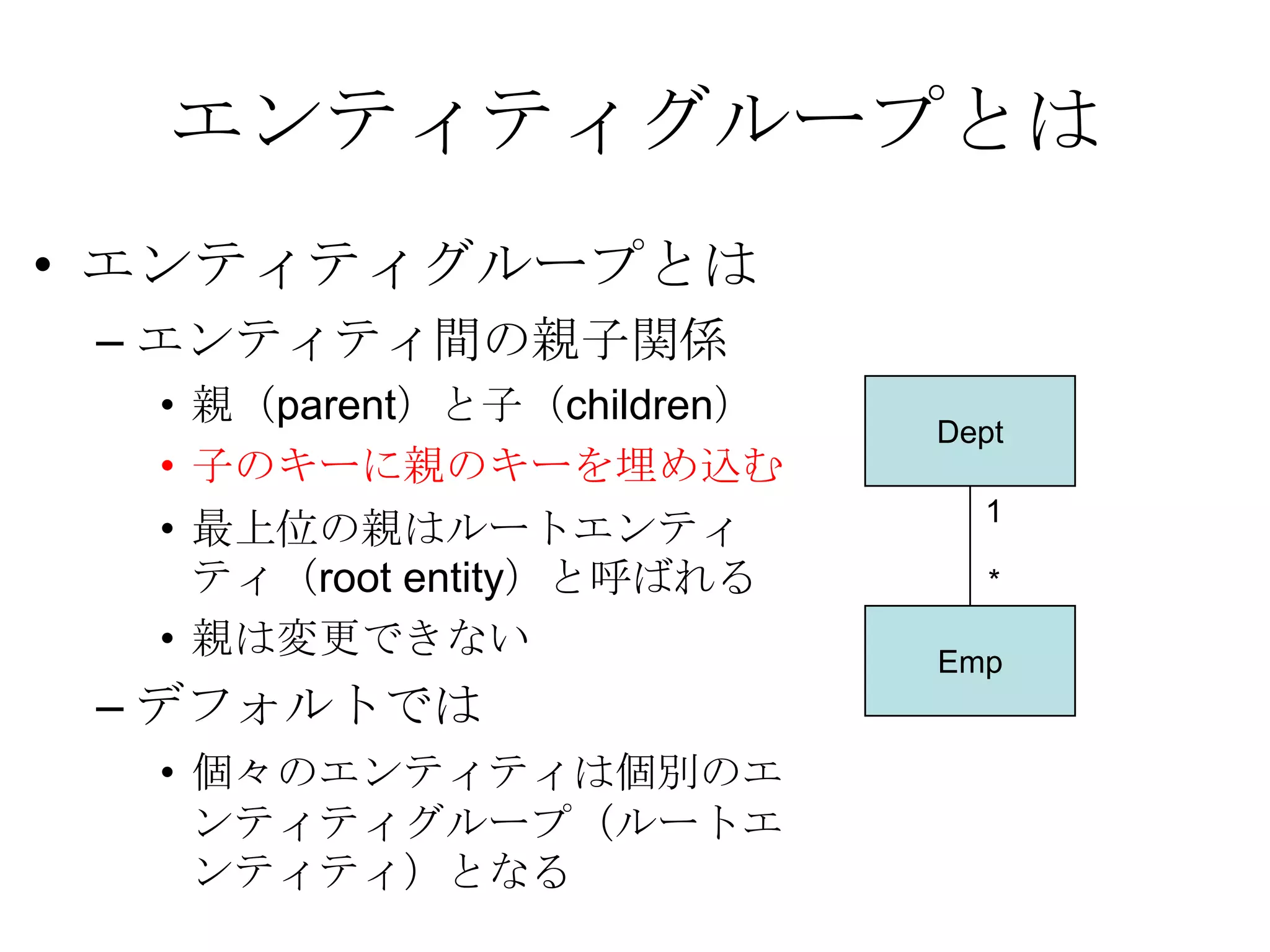 エンティティグループとはエンティティグループとはエンティティ間の親子関係親（parent）と子（children）子のキーに親のキーを埋め込む最上位の親はルートエンティティ（root entity）と呼ばれる親は変更できないデフォルトでは個々のエンティティは個別のエンティティグループ（ルートエンティティ）となるDept1*Emp
