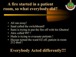A fire started in a patient room, so what everybody did? Ali ran away! Saad called the switchboard! Sami is trying to put the fire off with his Ghuttra! Alex called 997 ! Huda is trying to evacuate patients ! Hassan turned the ward O2 off, patient in room 212 died ! Everybody Acted differently!!! 