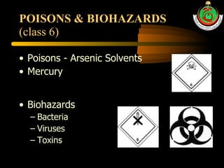 POISONS & BIOHAZARDS (class 6) Poisons - Arsenic Solvents Mercury Biohazards Bacteria Viruses Toxins 