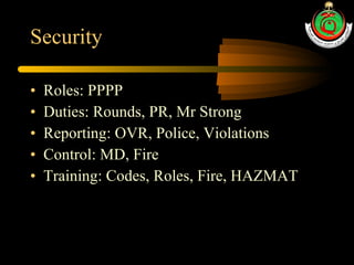 Security Roles: PPPP Duties: Rounds, PR, Mr Strong Reporting: OVR, Police, Violations Control: MD, Fire Training: Codes, Roles, Fire, HAZMAT 