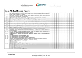 Page 102 of 134
Hospital Accreditation Guide Oct-2016
Open Medical Record Review
PC.6.5
The initial assessment aims to identify the general patient’s medical and nursing needs and a provisional diagnosis
so that care and treatment can be initiated.
PC.7.1
The hospital implements a policy that defines the criteria and process for screening patients for pain, functional
limitations including risk for fall, and malnutrition.
PC.7.3 When pain is present from the initial screening, the patient receives a comprehensive pain assessment.
PC.7.4 Patients with functional impairment are referred for functional assessment.
PC.7.5 Patients identified as malnourished or at risk for malnutrition are referred for a nutritional assessment.
PC.8.2 A proposed discharge date is set soon after admission.
PC.9.2
Medical and nursing assessments are completed and documented within the first 24 hours of admission for routine
elective cases.
PC.9.3
Medical and nursing assessments are completed and documented earlier whenever indicated by the patient’s
condition and the hospital policy.
PC.9.4
Assessments completed within 30 days prior to admission or an outpatient visit can be used with a documented
update of any significant changes.
PC.9.5 Assessments completed more than 30 days prior to admission or an outpatient visit must be repeated.
PC.9.6
Medical and nursing assessments are completed and documented for all patients prior to surgery, anesthesia or
invasive procedures.
PC.10.2
The most responsible physician ensures all patients under his care have a complete medical assessment with all
diagnostic tests and referrals as required to reach a final diagnosis.
PC.10.5
Diagnostic tests (e.g., laboratory and radiology) are appropriately and timely ordered to aid in reaching a final
diagnosis.
PC.11.1 The nursing assessment is performed by a staff nurse.
PC.11.3 The nursing assessment must be timely and complete.
PC.11.4 The nursing assessment is documented in the patient’s medical record.
PC.12.1 There are criteria implemented to identify patient groups who need additional or specialized assessments.
PC.12.2
Additional assessment includes, but is not limited to, the following categories:
PC.12.2.1 Patients in severe or chronic pain.
PC.12.2.2 Children.
PC.12.2.3 Frail and elderly.
PC.12.2.4 Suspected victims of abuse, neglect, and domestic violence.
PC.12.2.5 Drug abuse.
PC.12.2.6 Psychiatric disorders.
PC.12.2.7 Women in labor.
PC.12.2.8 Terminally ill and dying patients.
 