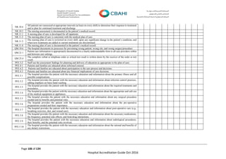 Page 106 of 134
Hospital Accreditation Guide Oct-2016
NR.10.4
All patients are reassessed at appropriate intervals (at least on every shift) to determine their response to treatment
and to plan for continued treatment and discharge.
NR.10.5 The nursing assessment is documented in the patient’s medical record.
NR.11.1 A nursing plan of care is developed for all inpatients.
NR.11.2 The nursing plan of care is consistent with the medical plan of care.
NR.11.3
The nursing plan of care is reviewed on every shift, upon any significant change in the patient’s condition, and
when new treatments are added or current treatments are discontinued.
NR.11.4 The nursing plan of care is documented in the patient’s medical record.
QM.18.6 The hospital documents its processes for preventing wrong patient, wrong site, and wrong surgery/procedure.
QM.21.1
Patient care information is appropriately documented in a clearly understandable form to all care providers within
and between care settings.
QM.25.4
The complete verbal or telephone order or critical test result is written down by the receiver of the order or test
result.
PFE.3.2 Staff use the assessment findings for planning and delivery of education as appropriate to the plan of care.
PFE.4.1 Patients and families are educated about informed consent.
PFE.4.2 Patients and families are educated about participation in the care process and decisions.
PFE.4.3 Patients and families are educated about any financial implications of care decisions.
PFE.5.1
The hospital provides the patient with the necessary education and information about the primary illness and all
possible complications.
PFE.5.2
The hospital provides the patient with the necessary education and information about infection control practices,
adding emphasis on basic hand washing.
PFE.5.3
The hospital provides the patient with the necessary education and information about the required treatments and
procedures.
PFE.5.4
The hospital provides the patient with the necessary education and information about the appropriate and safe use
of the medical equipment or appliances.
PFE.5.5
The hospital provides the patient with the necessary education and information about any surgical procedure
needed and its benefits and potential risks.
PFE.5.6
The hospital provides the patient with the necessary education and information about the pre-operative
preparations needed and their importance.
PFE.5.7
The hospital provides the patient with the necessary education and information about post-operative care (e.g.,
breathing exercises, diet, and wound care).
PFE.5.8
The hospital provides the patient with the necessary education and information about the necessary medications,
the frequency, potential side effects, and food-drug interactions.
PFE.5.9
The hospital provides the patient with the necessary education and information about radiological procedures,
their benefits, and the potential risks involved.
PFE.5.10
The hospital provides the patient with the necessary education and information about the rational and benefits of
any dietary restrictions.
 